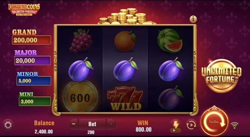 Fortune Coins Unlimited Fortune - cuadrícula base de 3x3 con símbolos de frutas